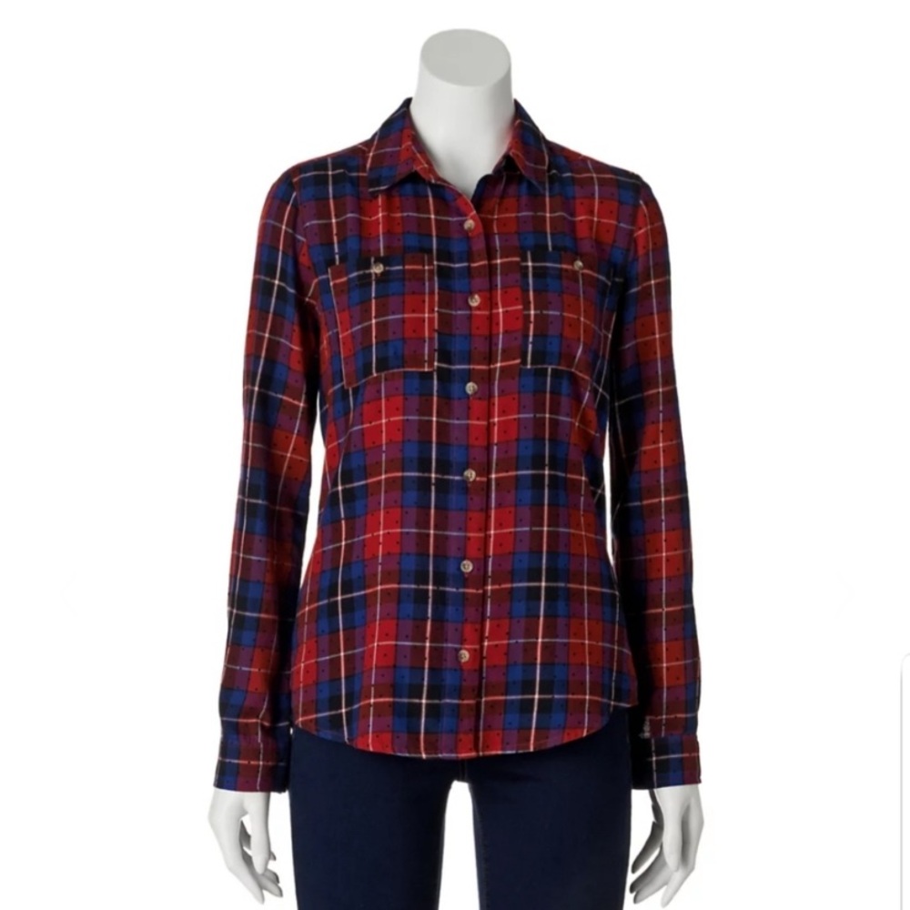SO Plaid Polka Dot Button Shirt‎ Size Small Juniors 100% Cotton Y2K Flannel